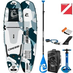 the contents of the box including paddle board, oar, pump, flag and leash